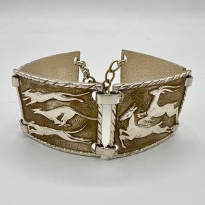 SOLD- Vintage silver & gold bracelet depicting jaguars hunting deer—unique!